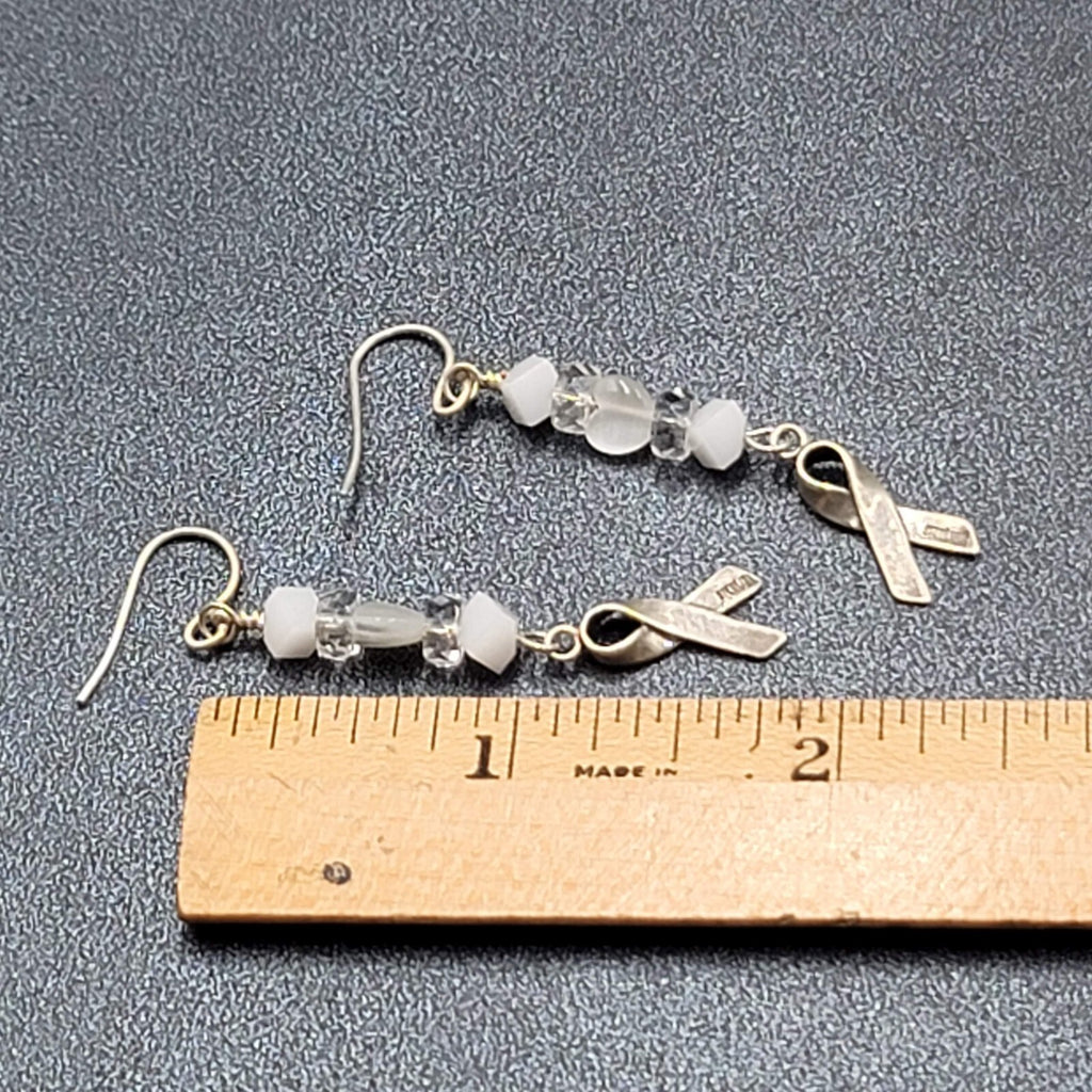 Sterling Silver Pierced Earrings 925 Beaded Awareness Ribbon 1.75" 