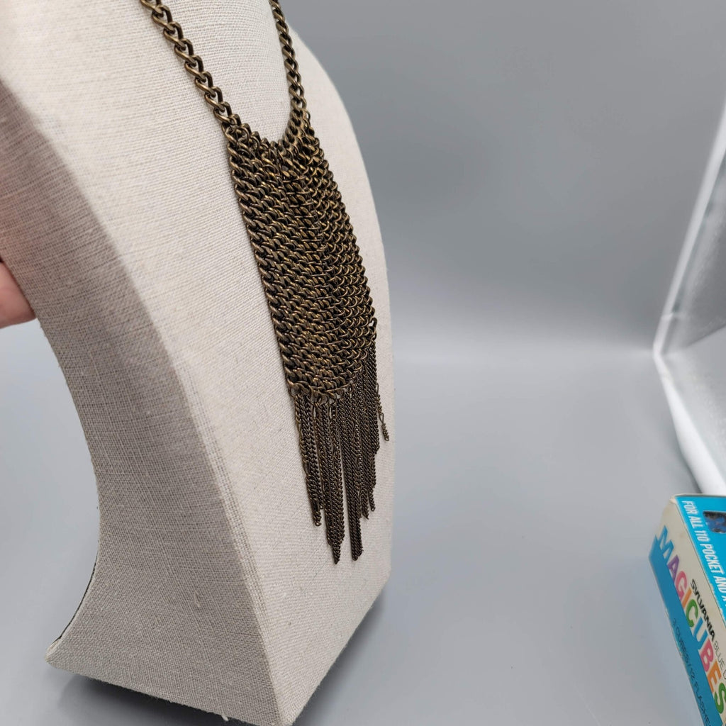 J Jill Necklace Bronze tone Chain Mail Look Tassel Statement Long 24"