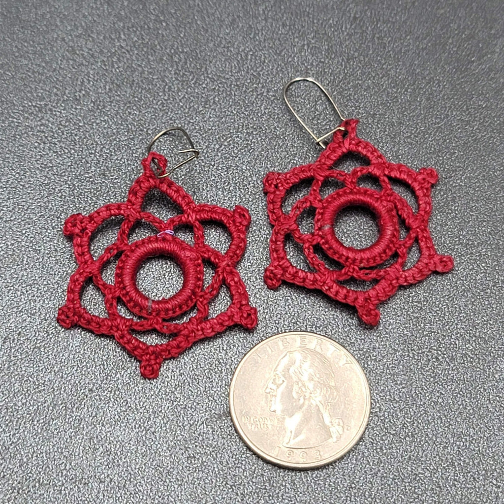 Pierced Earrings Hand Knitted Dangle Maroon Red 1.5"