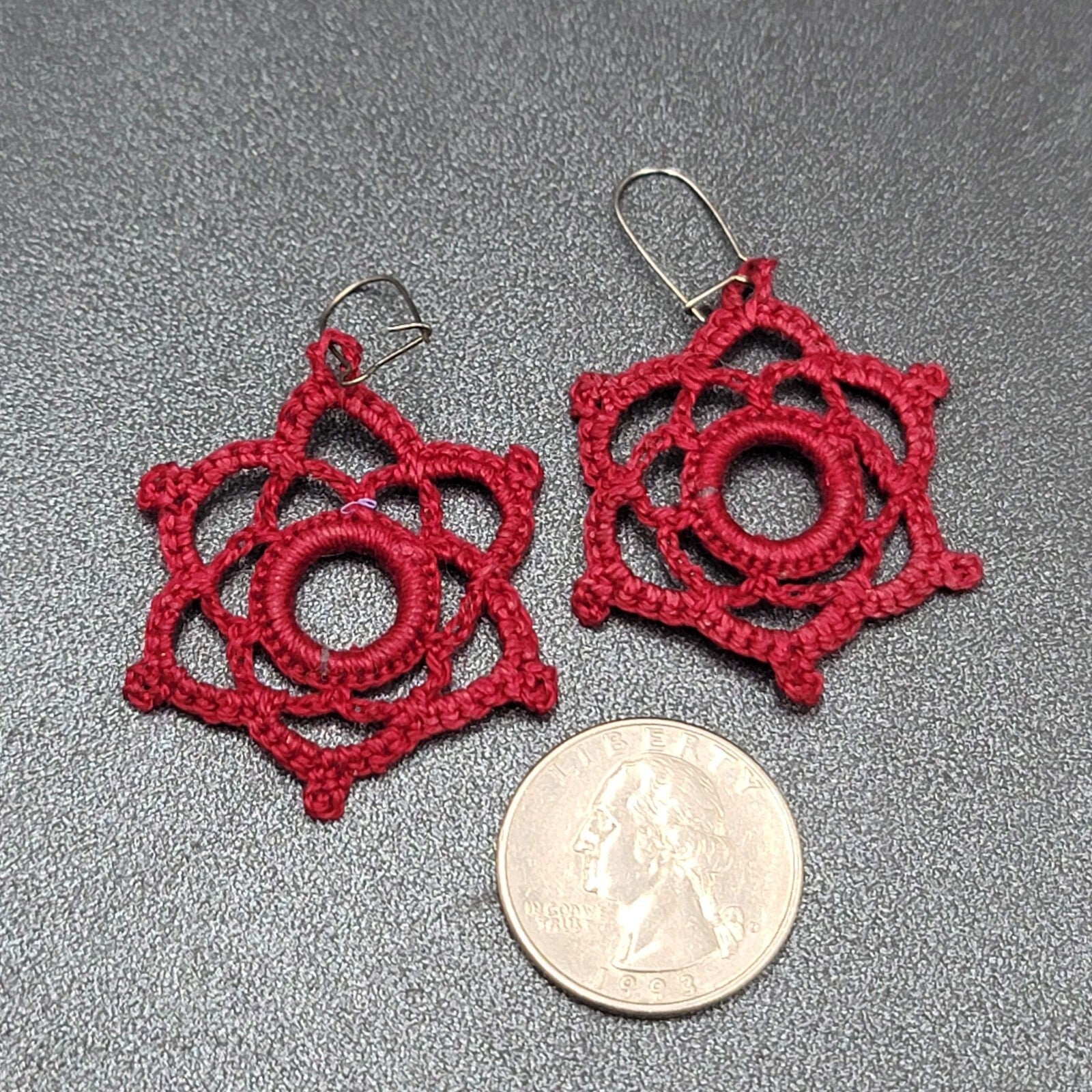 Pierced Earrings Hand Knitted Dangle Maroon Red 1.5"