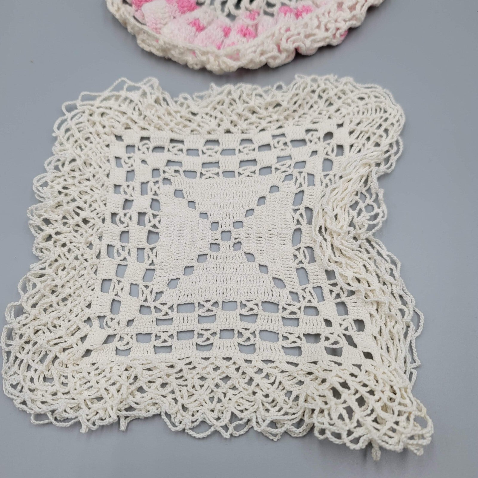 2 Vintage Crocheted Doilies Pink White Green Flowers