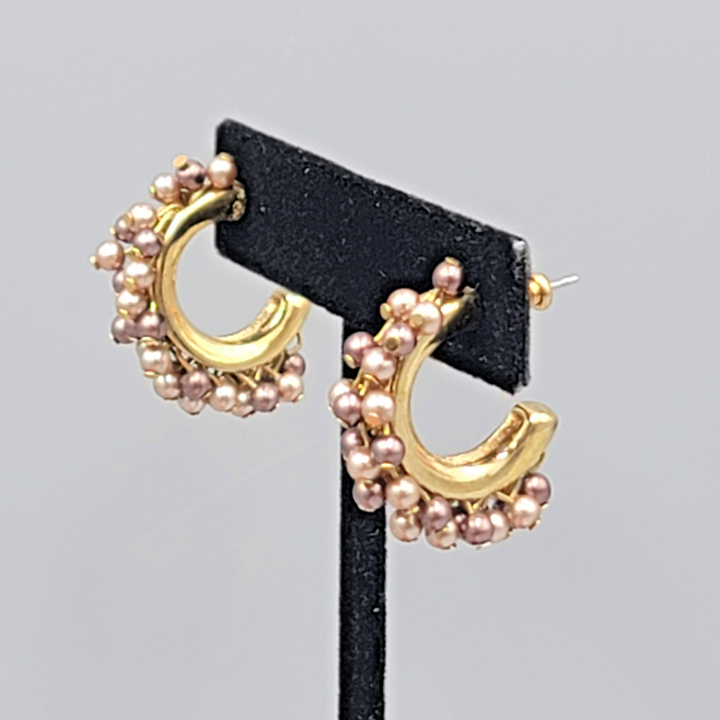 Multi tone Bead Hoops Pierced Earrings Gold tone Dangle 1"