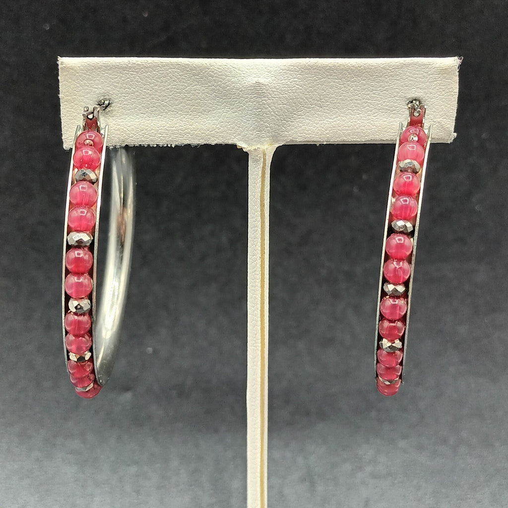 Pierced Earrings Silver tone Red Bead Statement Snap Hoops 2"