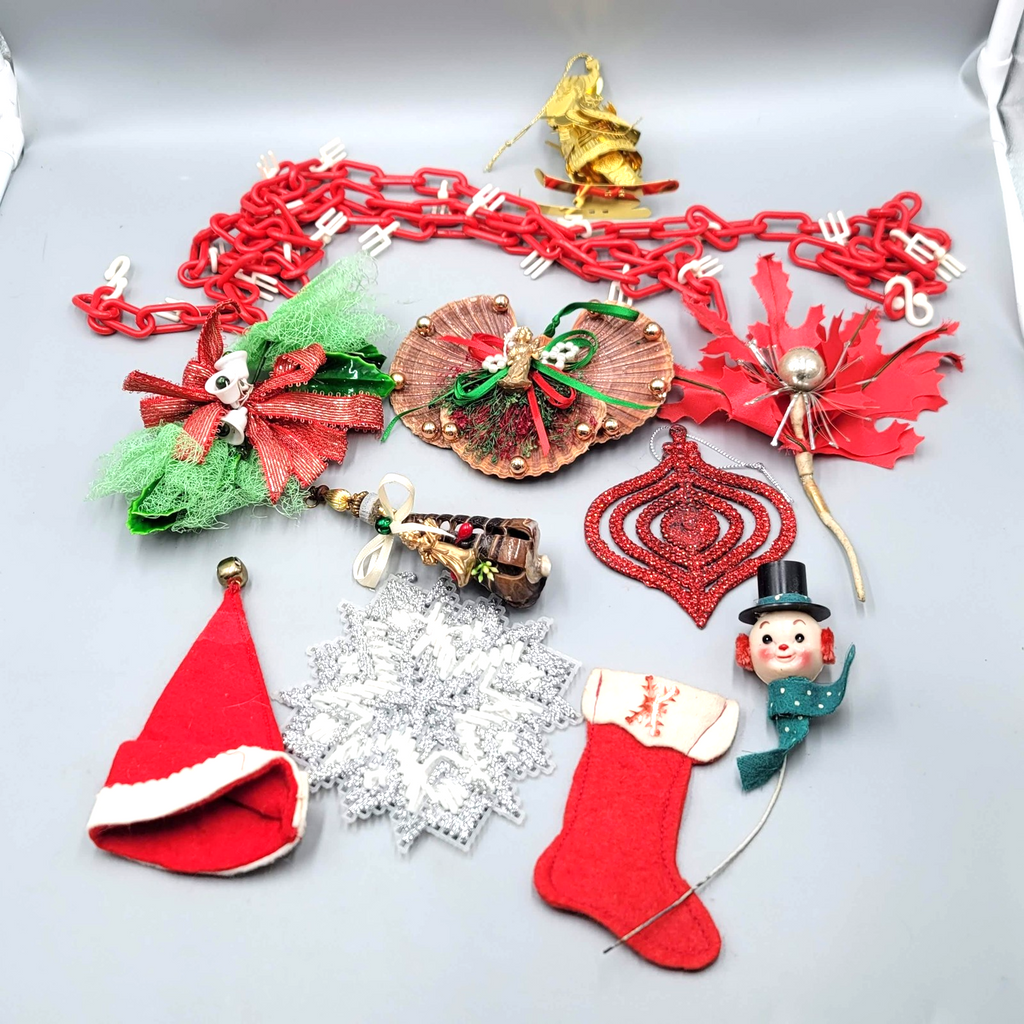 Vintage Christmas Ornaments Lot Red Plastic Chain Snowman Shell Angel