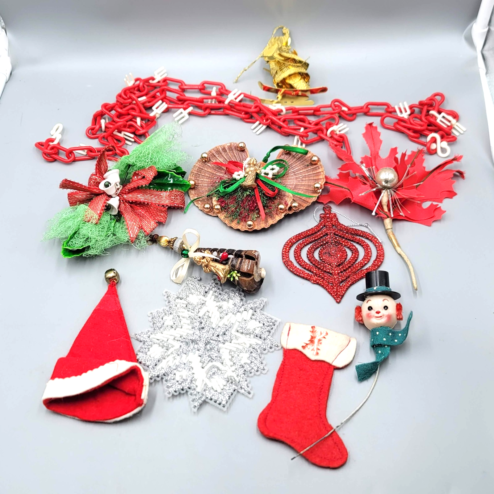 Vintage Christmas Ornaments Lot Red Plastic Chain Snowman Shell Angel