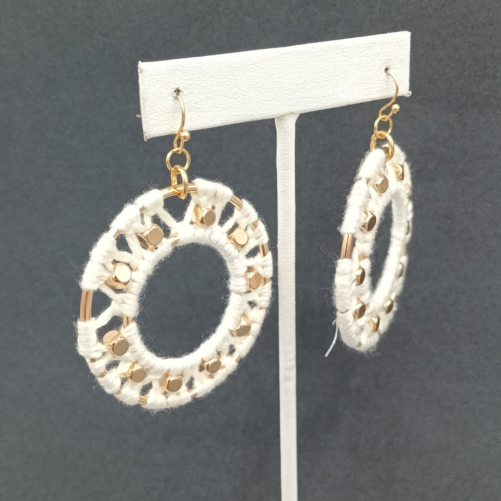 Pierced Earrings Gold tone Dangle Hoops White String Accents  Boho 2"