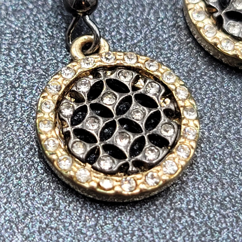 Pierced Earrings Black Metal Gold tone Crystal Round Open Work Dangle 5/8"