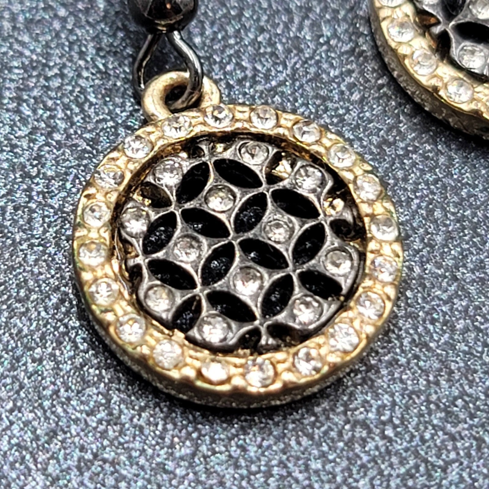Pierced Earrings Black Metal Gold tone Crystal Round Open Work Dangle 5/8"