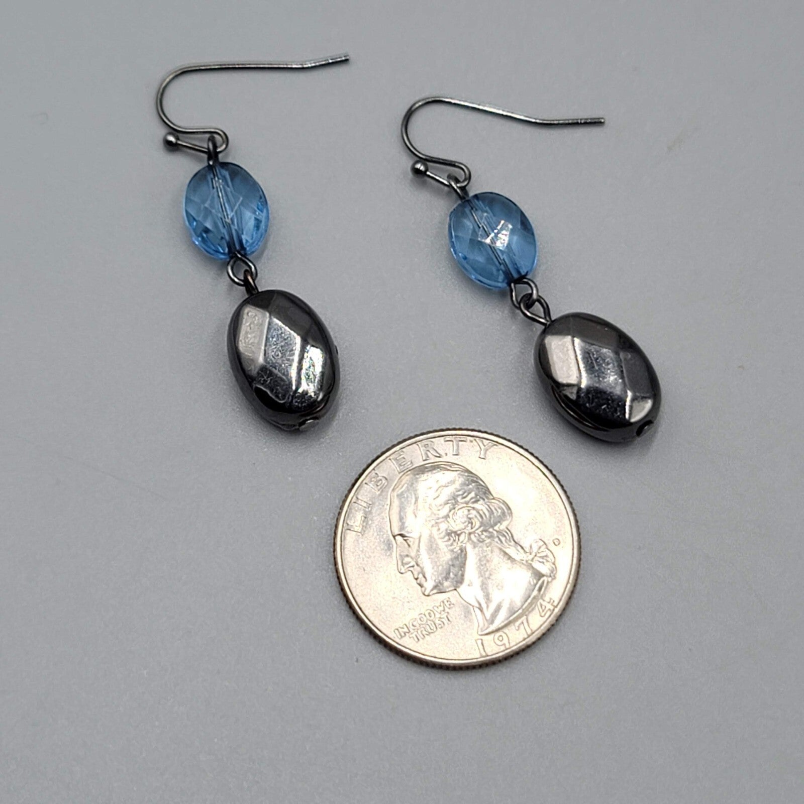 Blue Black Faceted Beads Pierced Earrings Black Metal Dangle 1.25"