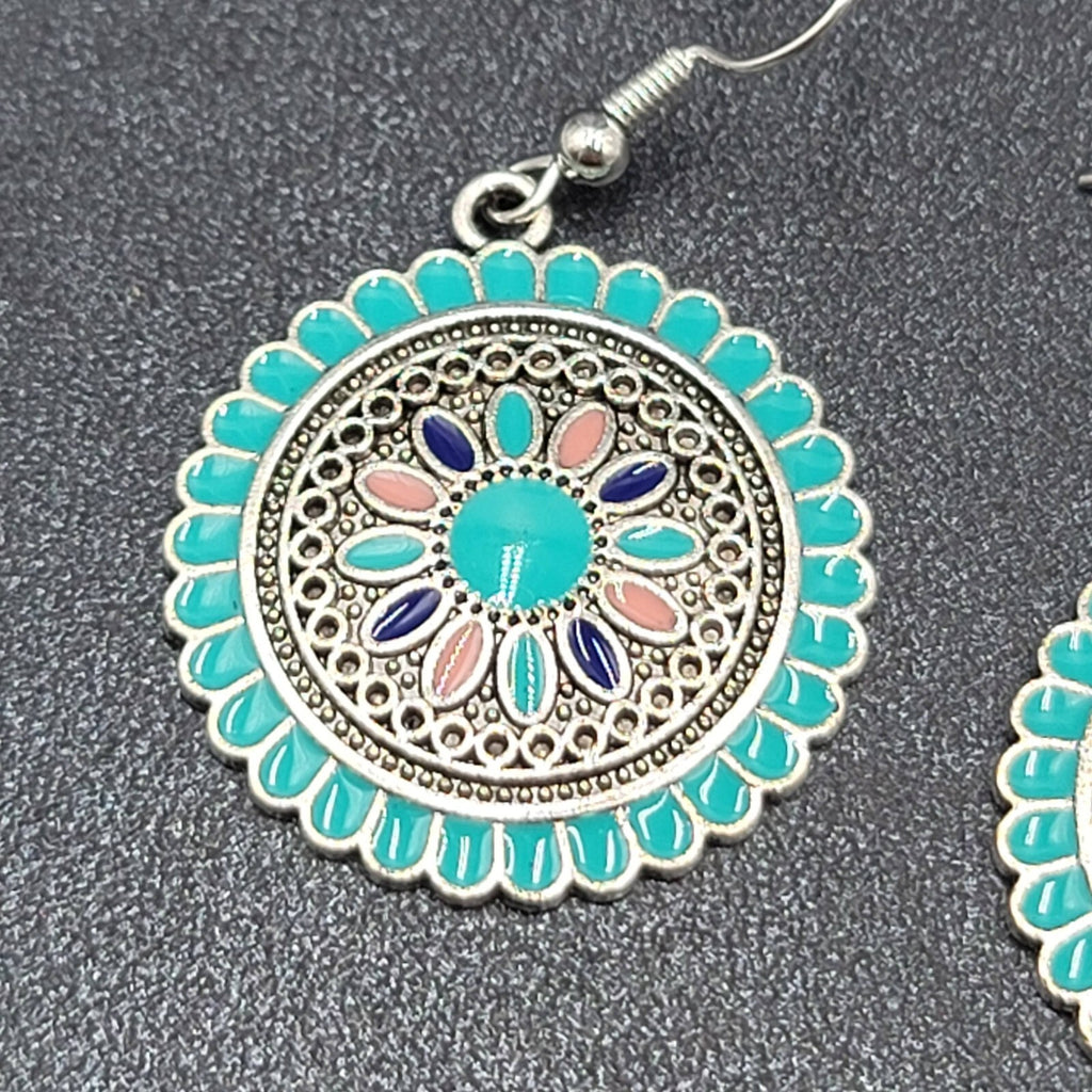 Pierced Earrings Silver tone Enamel Medallion Round Dangle Multicolor 1"