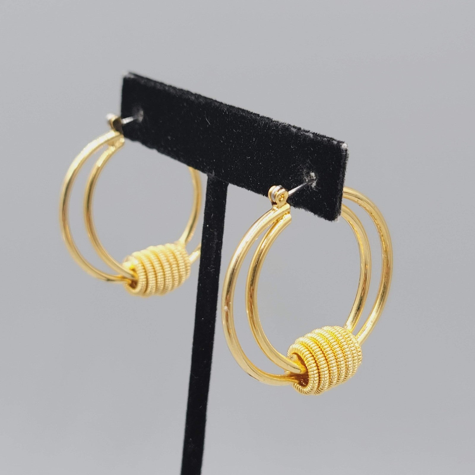 Double Hoops Coiled Pierced Earrings Gold tone Dangle 1.5"