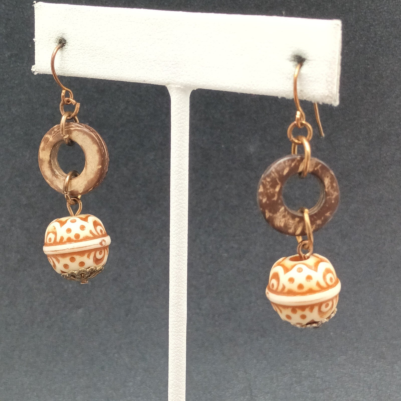 Pierced Earrings Carved Coconut Shell Copper tone Hook Statement Dangle 1 3/8"
