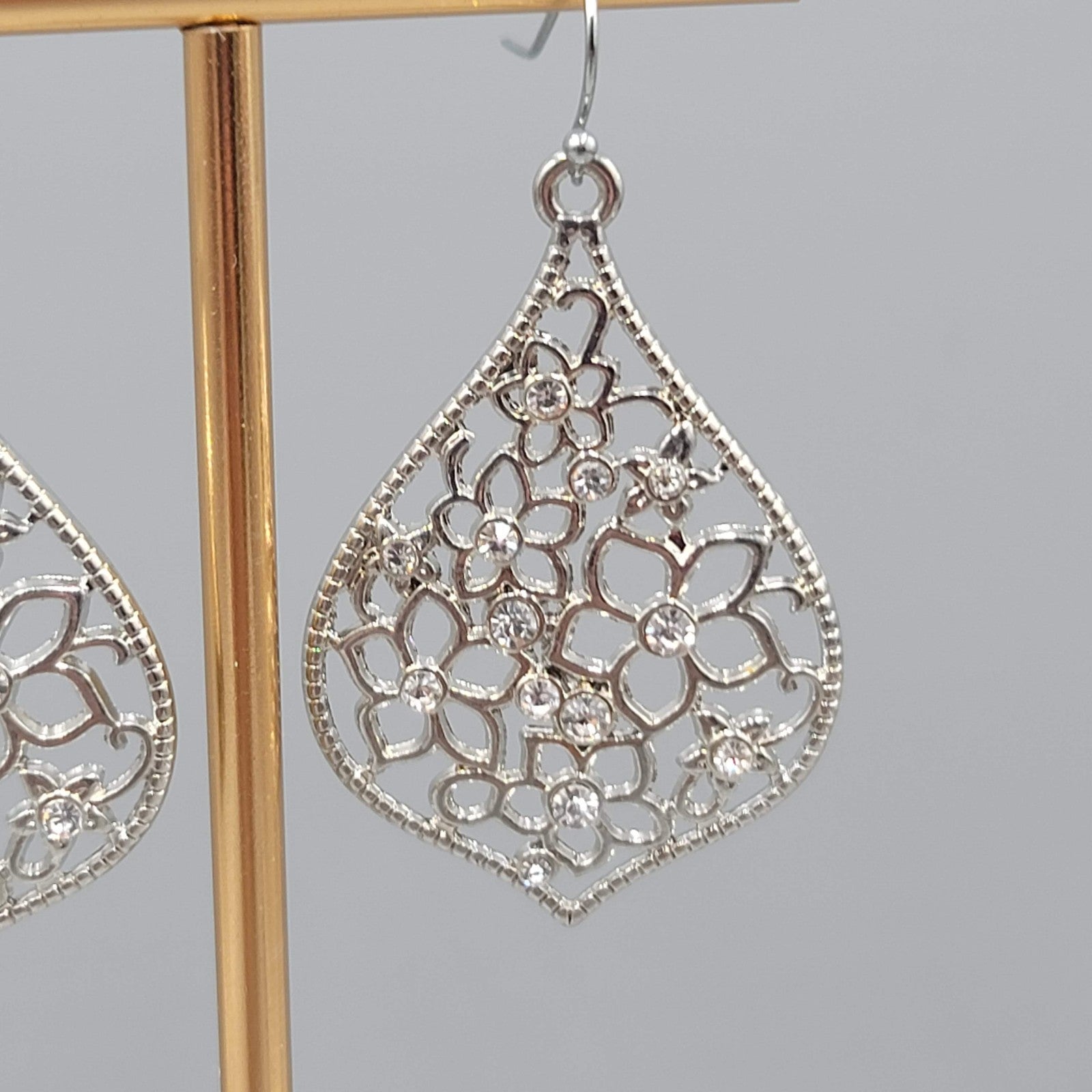 Crystal Flower Open Work Pierced Earrings Silver tone Dangle  1.75 in