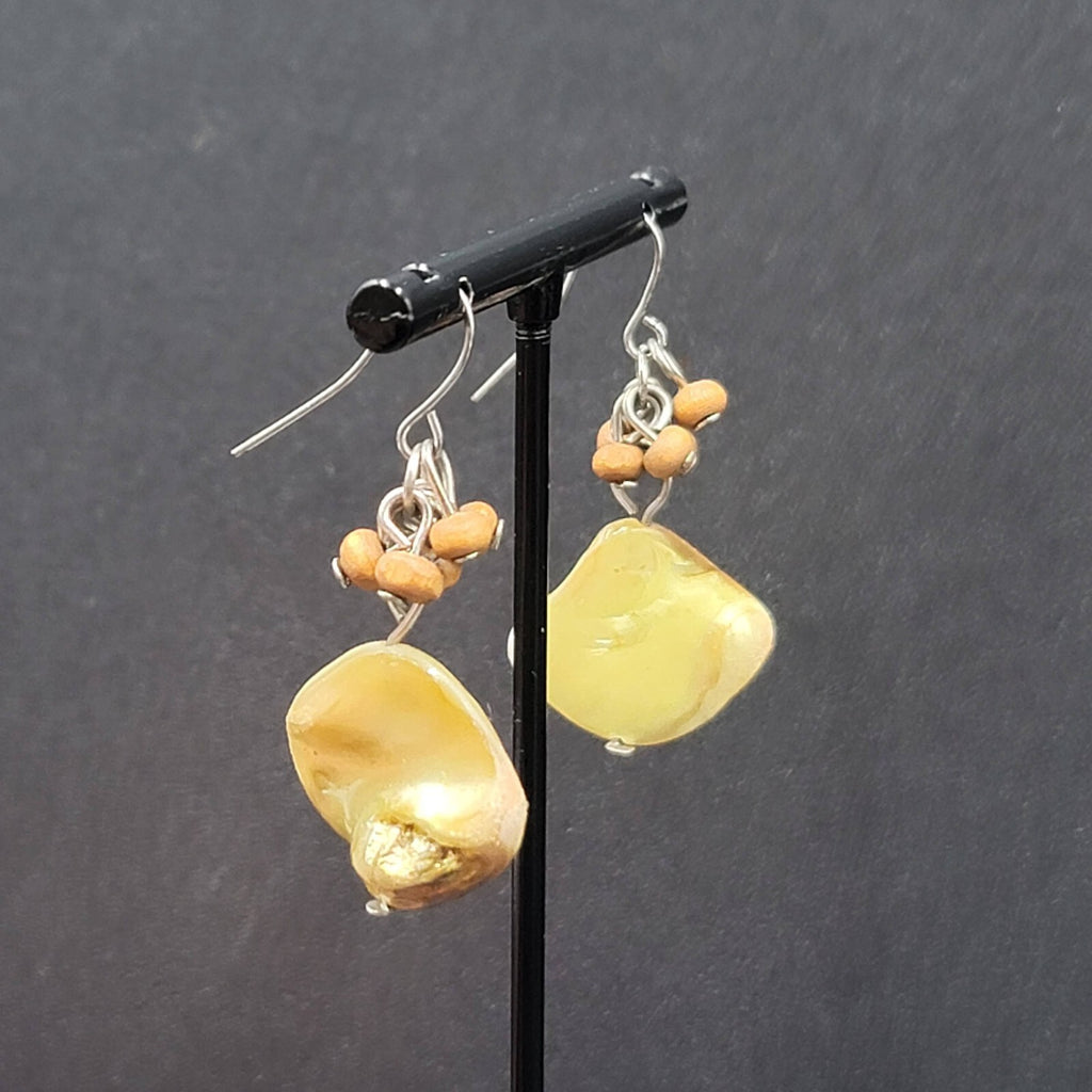 Pierced Earrings Silver tone Yellow Shell Wood Bead Dangle 1.25"