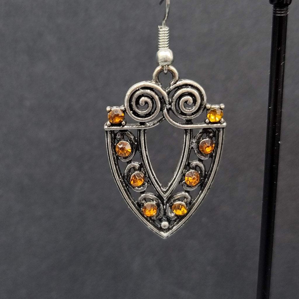 Pierced Earrings Silver tone Orange Rhinestone Dangle 1 3/8"