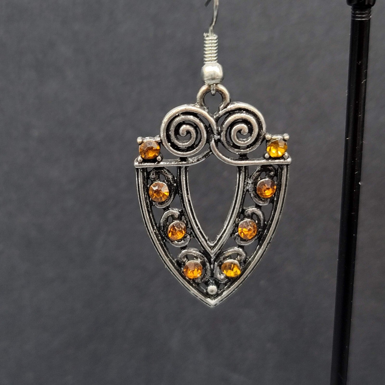 Pierced Earrings Silver tone Orange Rhinestone Dangle 1 3/8"