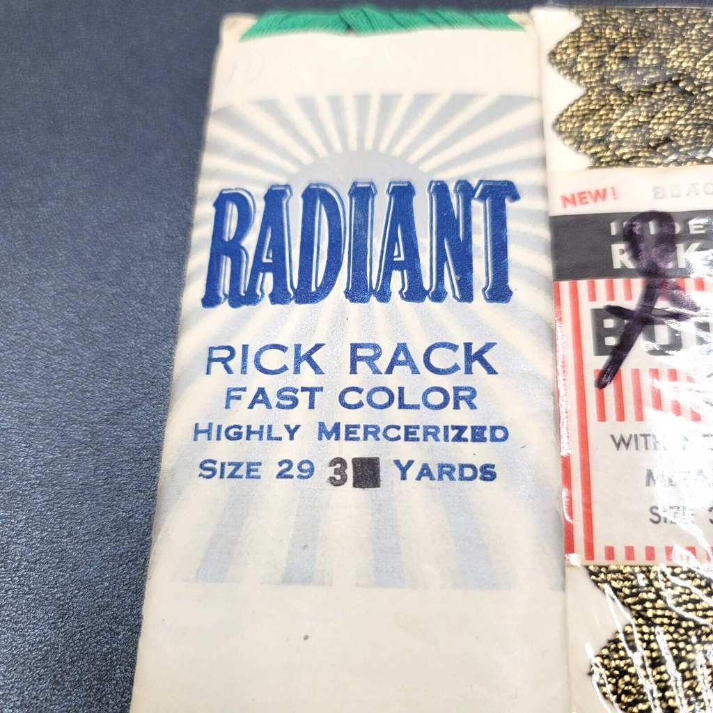 NOS 3 pk Lot Green Jumbo Yellow Rick Rack Metallic Black Seam Binding
