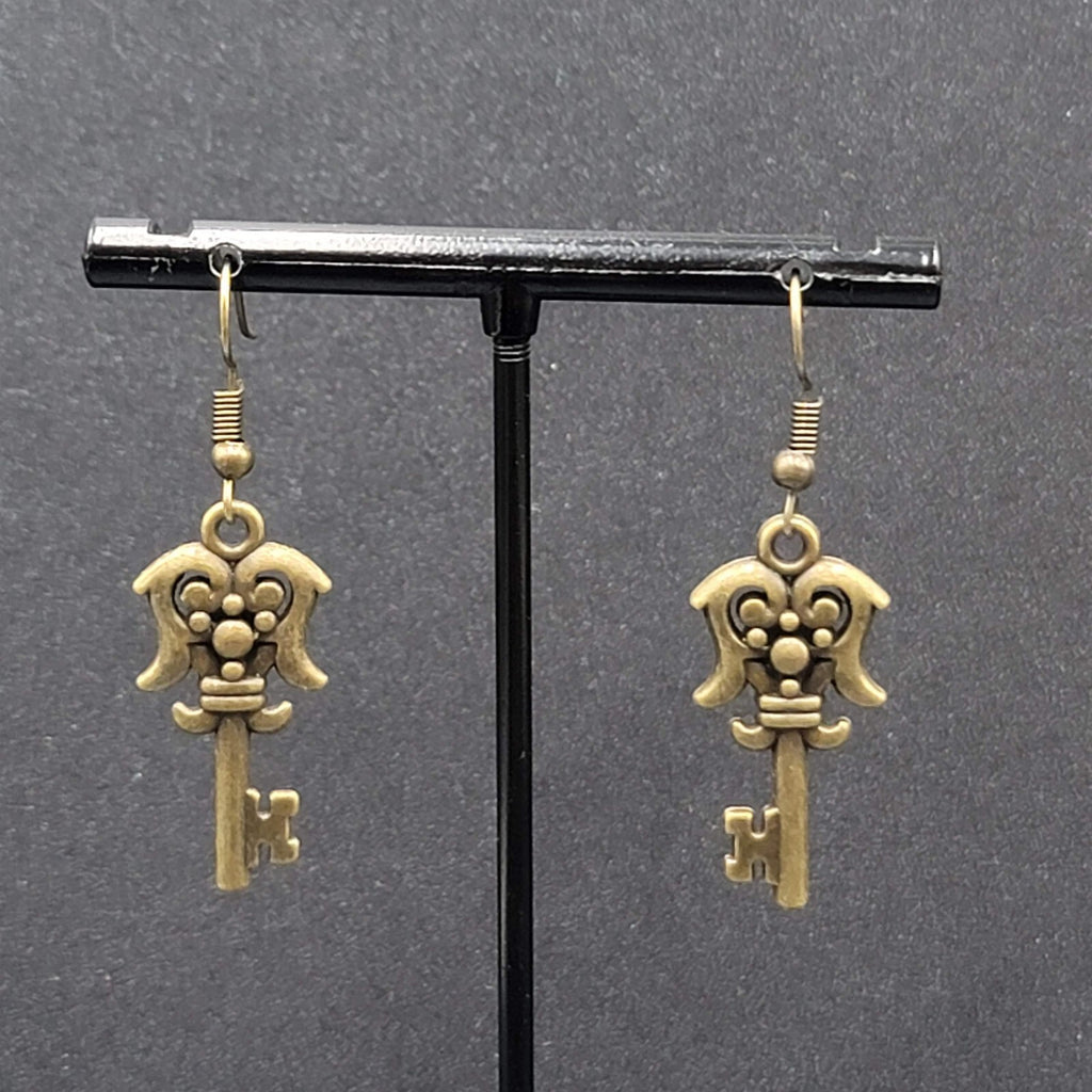 Fancy Skeleton Key Pierced Earrings Bronze tone Dangle NEW  1 1/8"