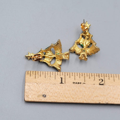 Christmas Tree Pierced Earrings Gold tone Enamel Rhinestone 1 1/8"