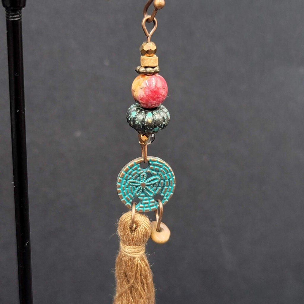 New Boho Pierced Earrings Long Copper tone Brown Tassel Beaded 3"