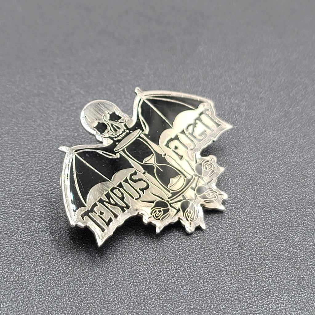 Tempus Fugit Time Flies Lapel Pin Black Silver Oddity Goth Punk Rock