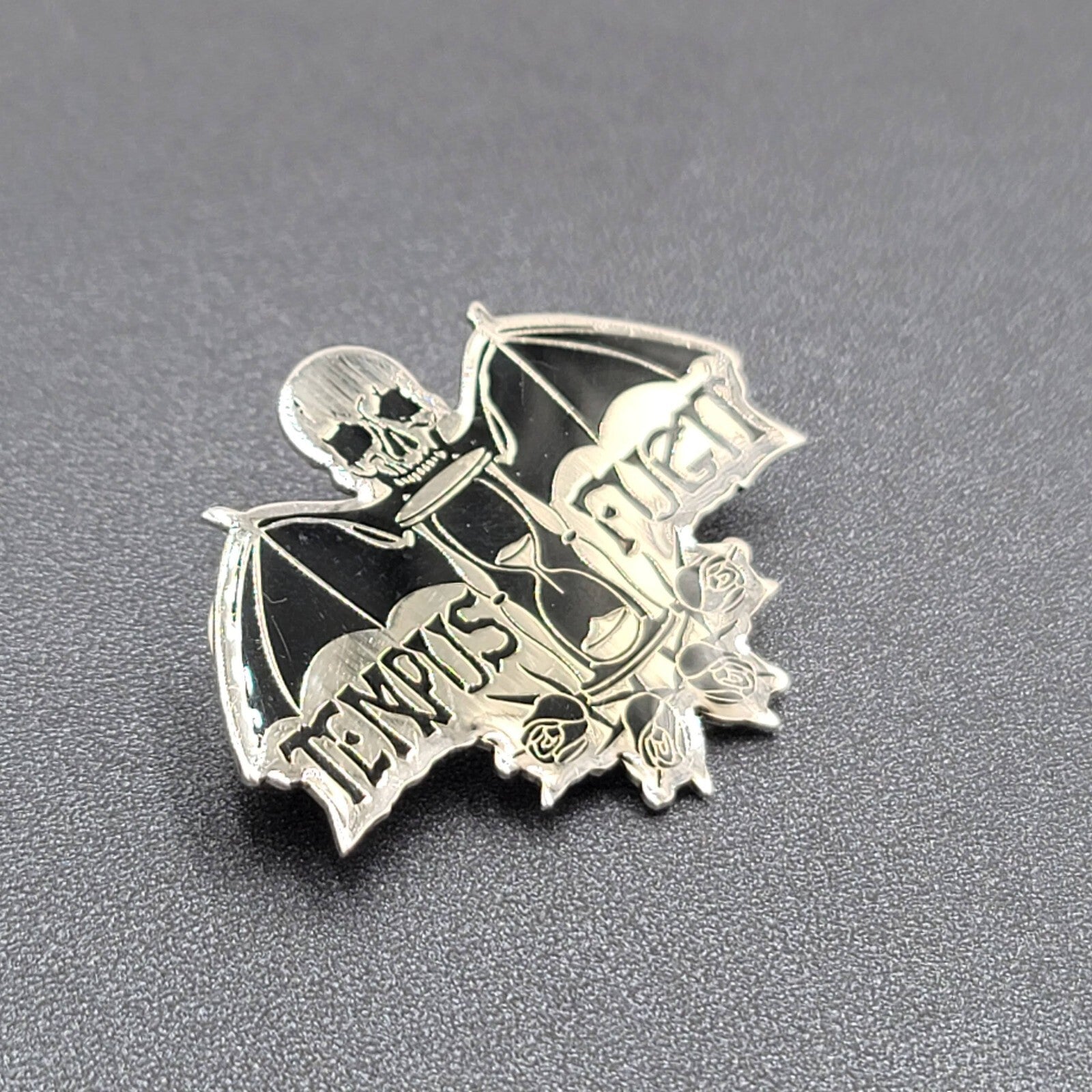 Tempus Fugit Time Flies Lapel Pin Black Silver Oddity Goth Punk Rock