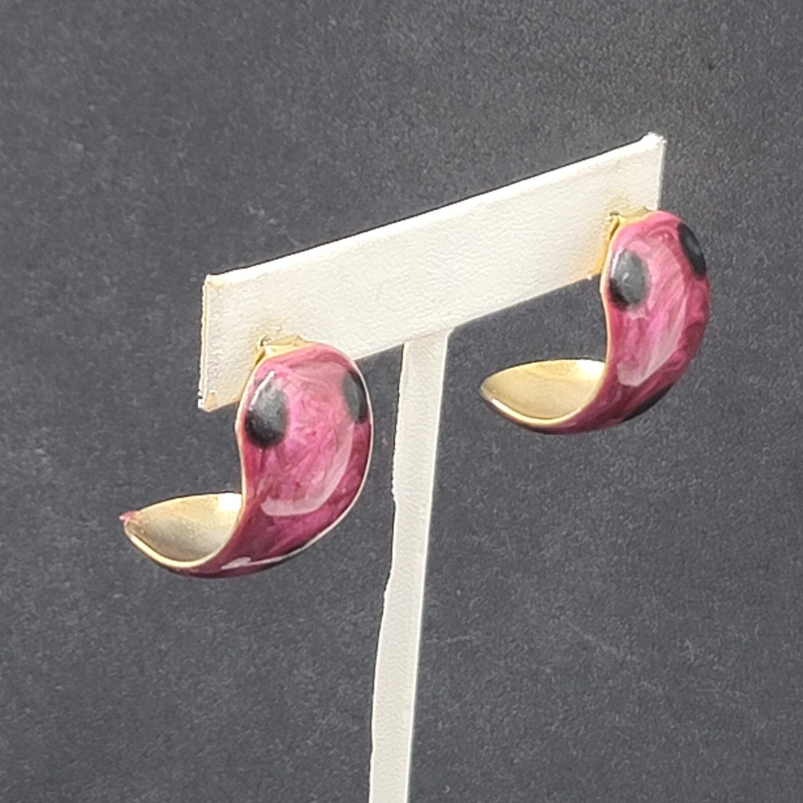 Vintage Pierced Earrings Polka Dot Purple Enamel Wide Hoops Dangle 1.25"