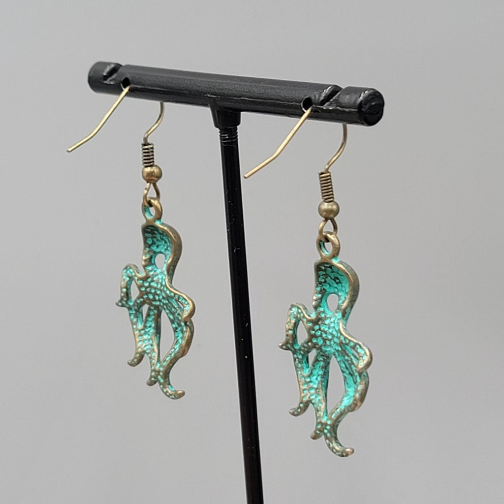 Octopus Beach Sea life Pierced Earrings Bronze tone Green wash Dangle 1 1/8"