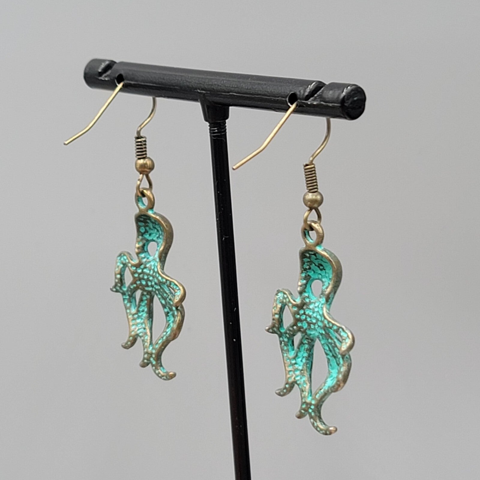 Octopus Beach Sea life Pierced Earrings Bronze tone Green wash Dangle 1 1/8"