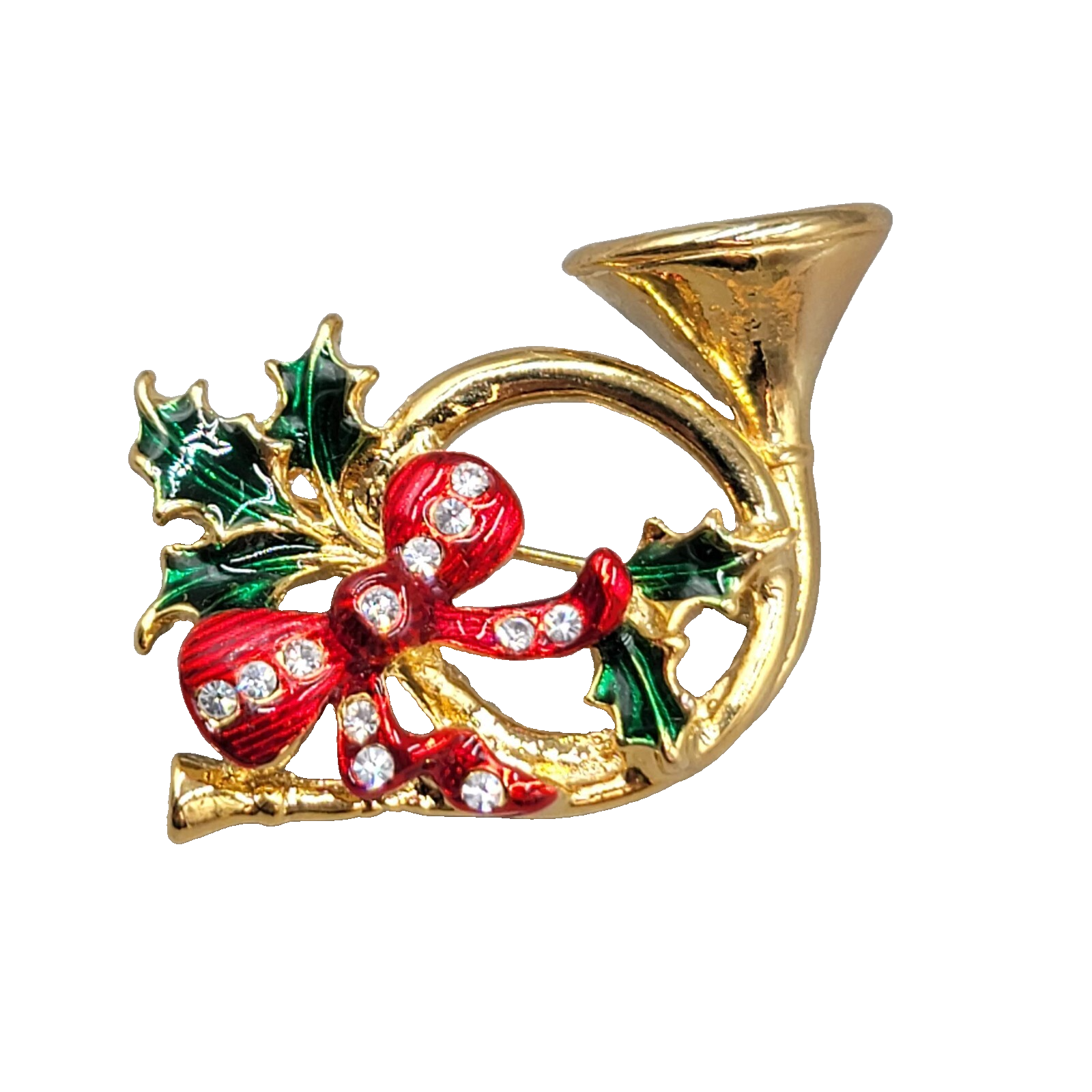 Vintage Christmas Brooch French Horn Enamel Rhinestone Gold Plated 1.75"
