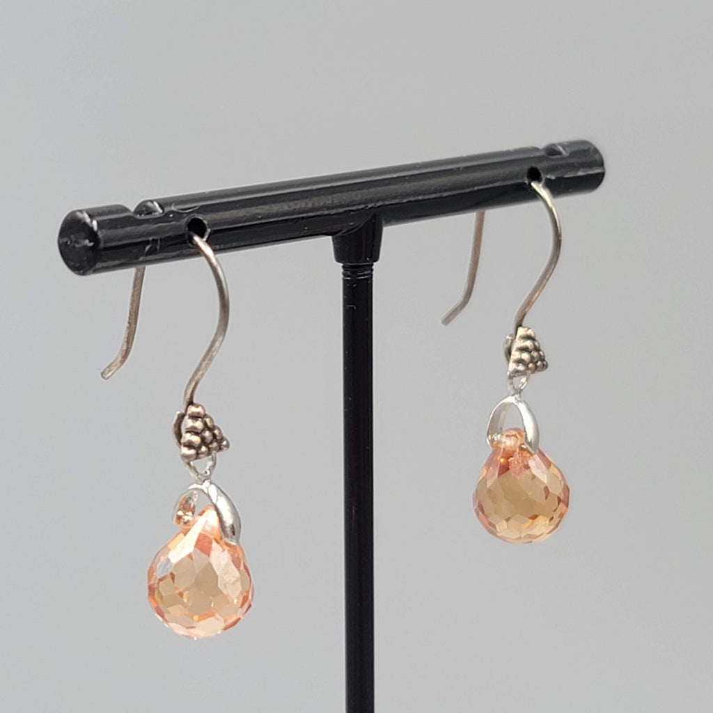 Crystal Teardrop Pierced Earrings Peach Silver tone Hooks 3/4"