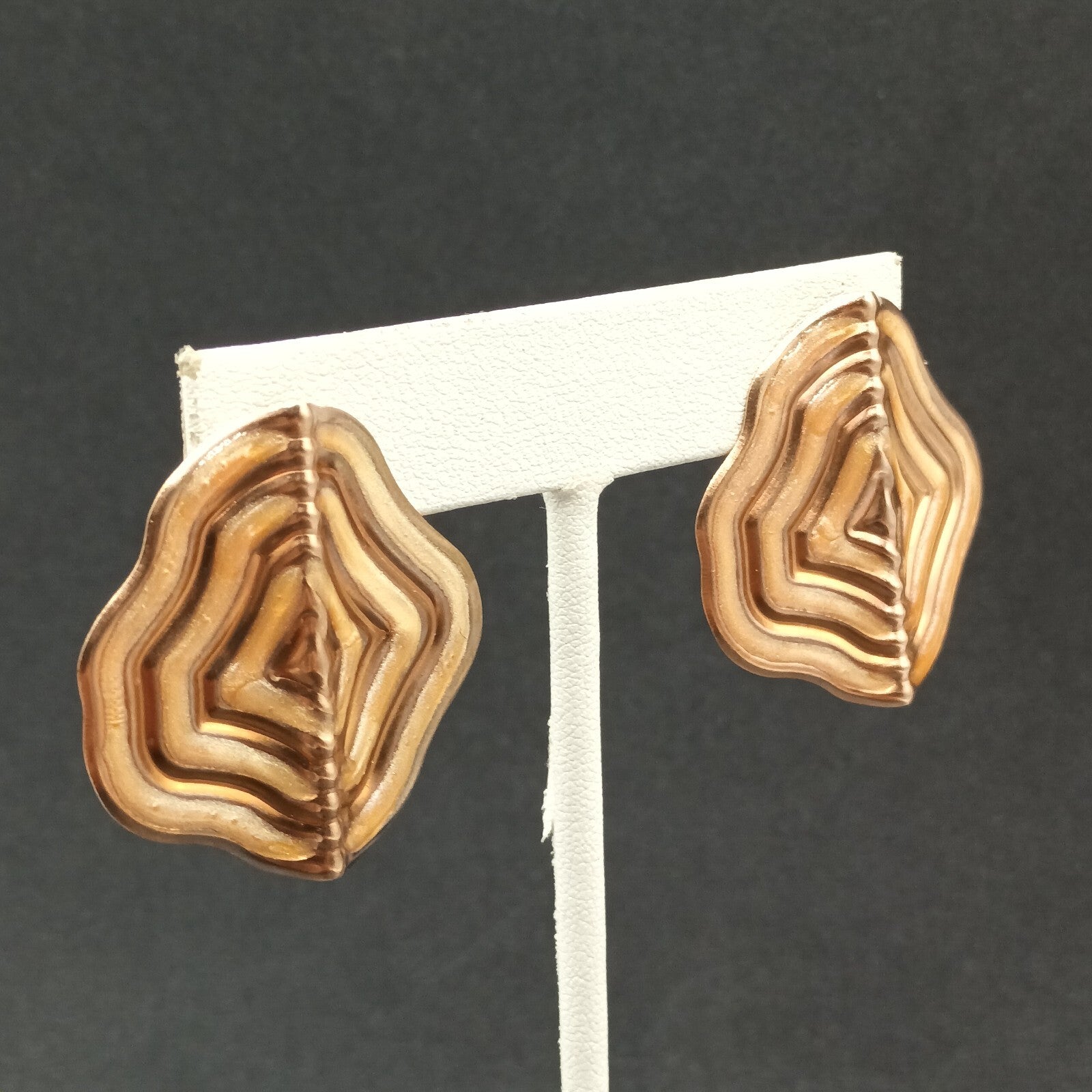 Vintage Pierced Earrings Copper tone Enamel Textured Bent Metal Dangle 1 3/8"