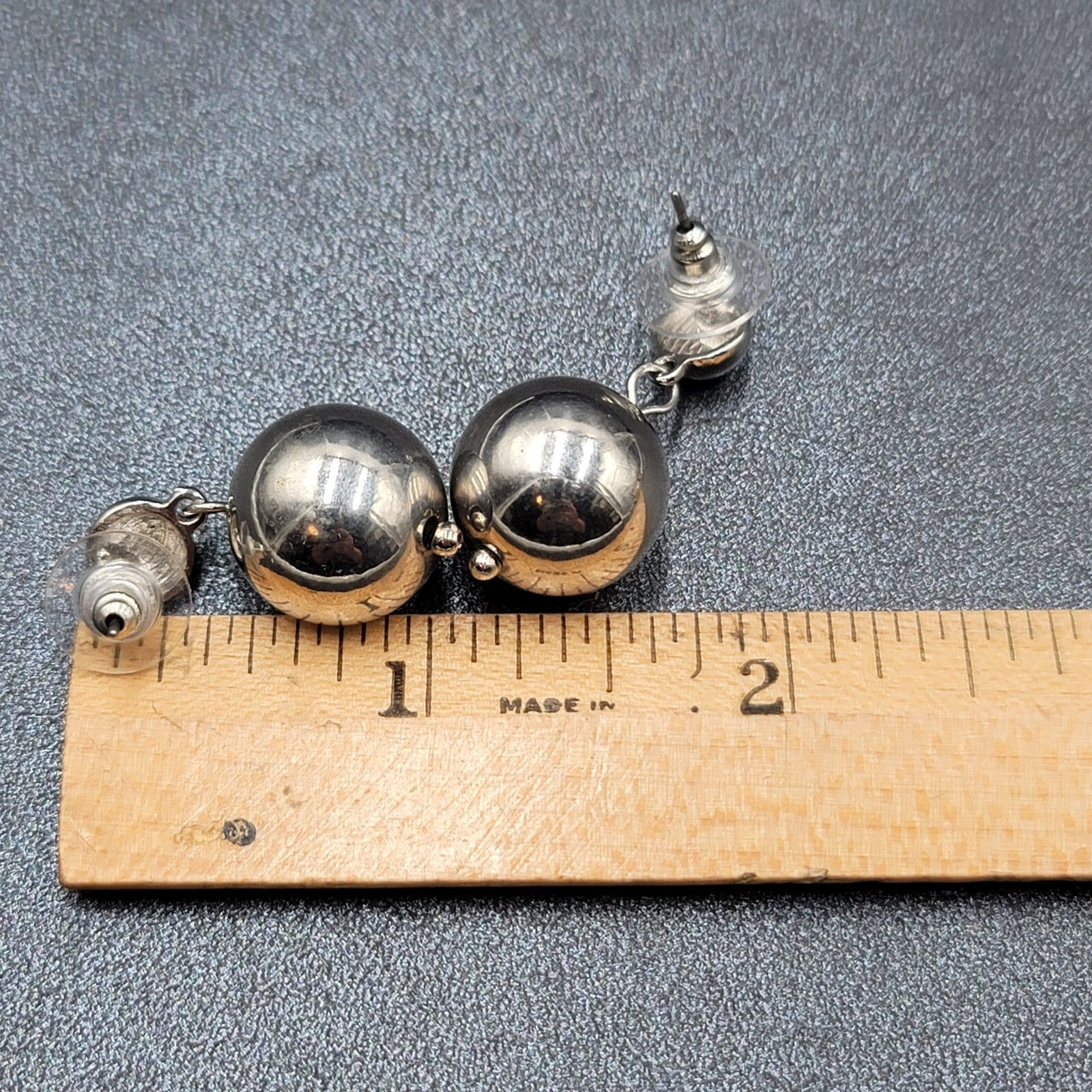 Pierced Earrings Silver tone Bead Dangle  1.25"