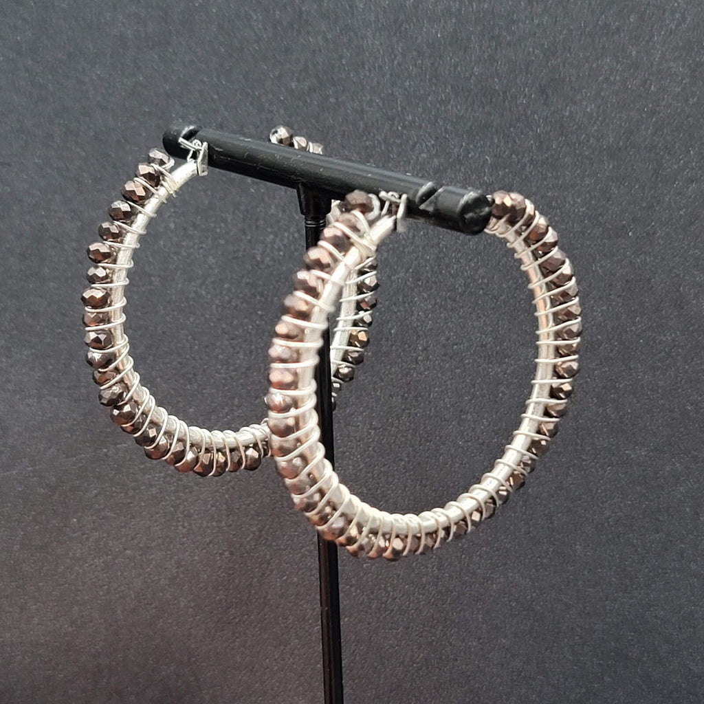 Pierced Earrings Silver tone Brown Glass Beaded Hoops 1.75"