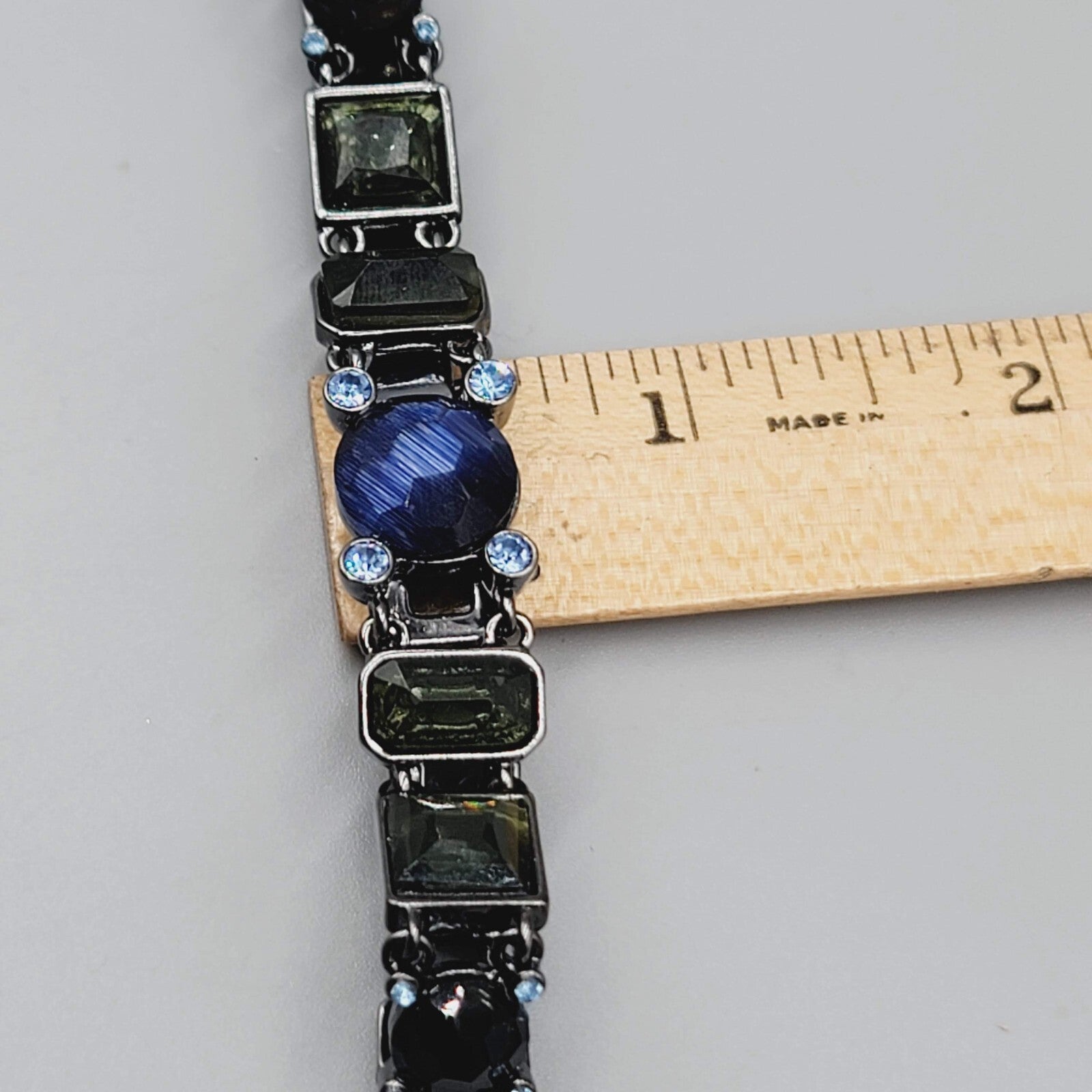 Black Metal Bracelet Dark Green Blue Rhinestones 7.25"