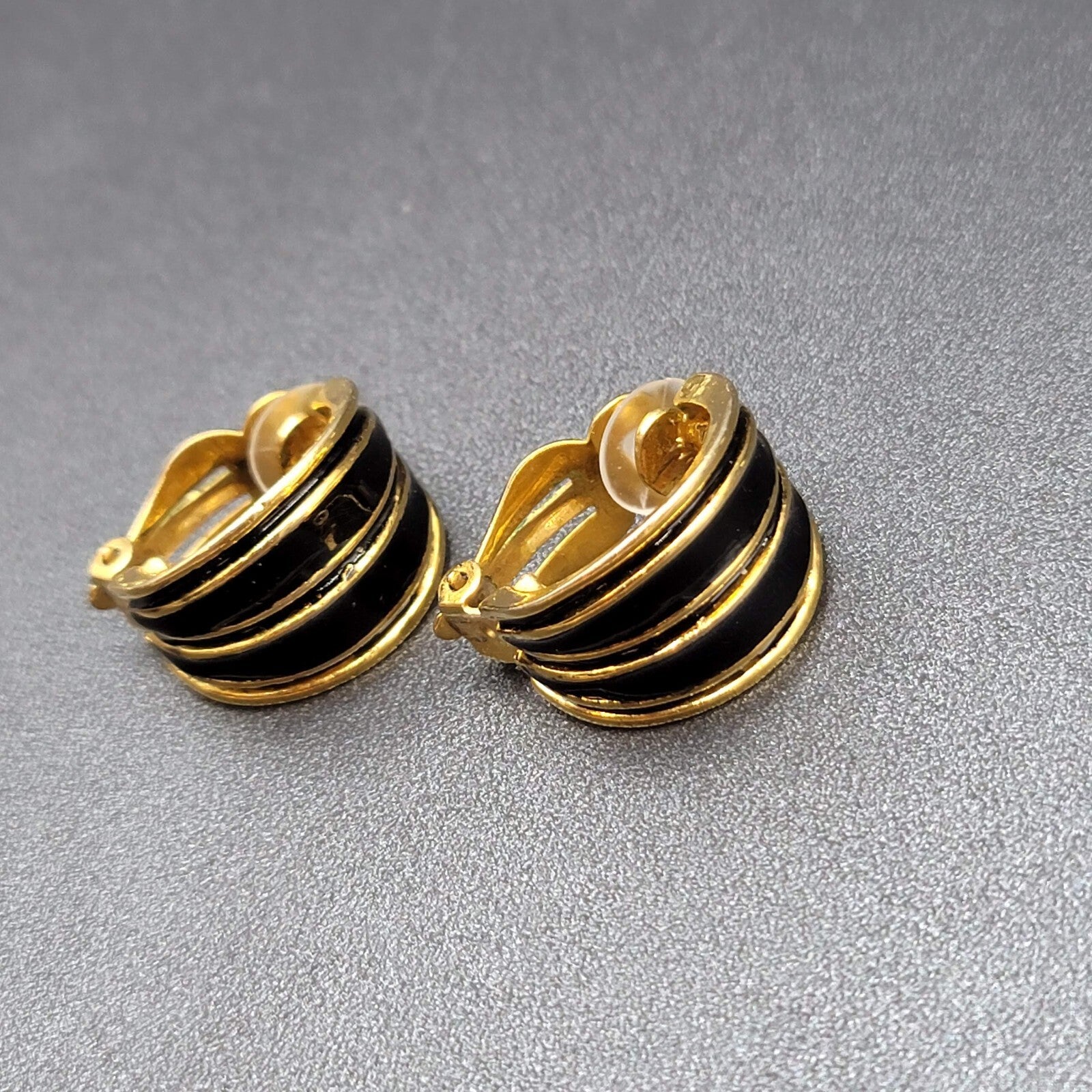 Vintage Clip on Earrings Large Gold Plated Black Enamel Drop Half Hoops 1"