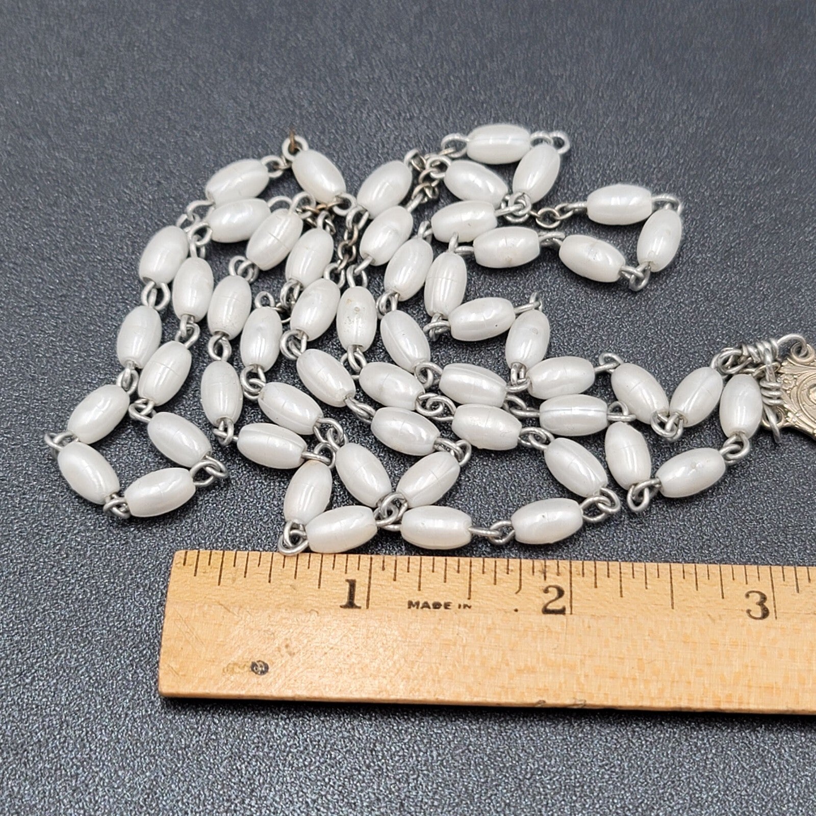 Vintage White Bead Catholic Rosary Crucifix Silver tone