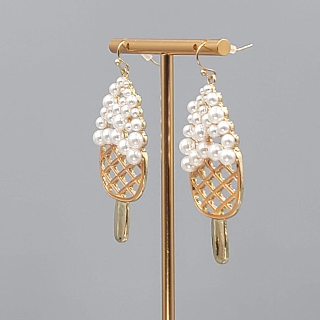 Dessert Ice Cream Bar Pierced Earrings Gold tone Dangle Faux Pearl 2.25"
