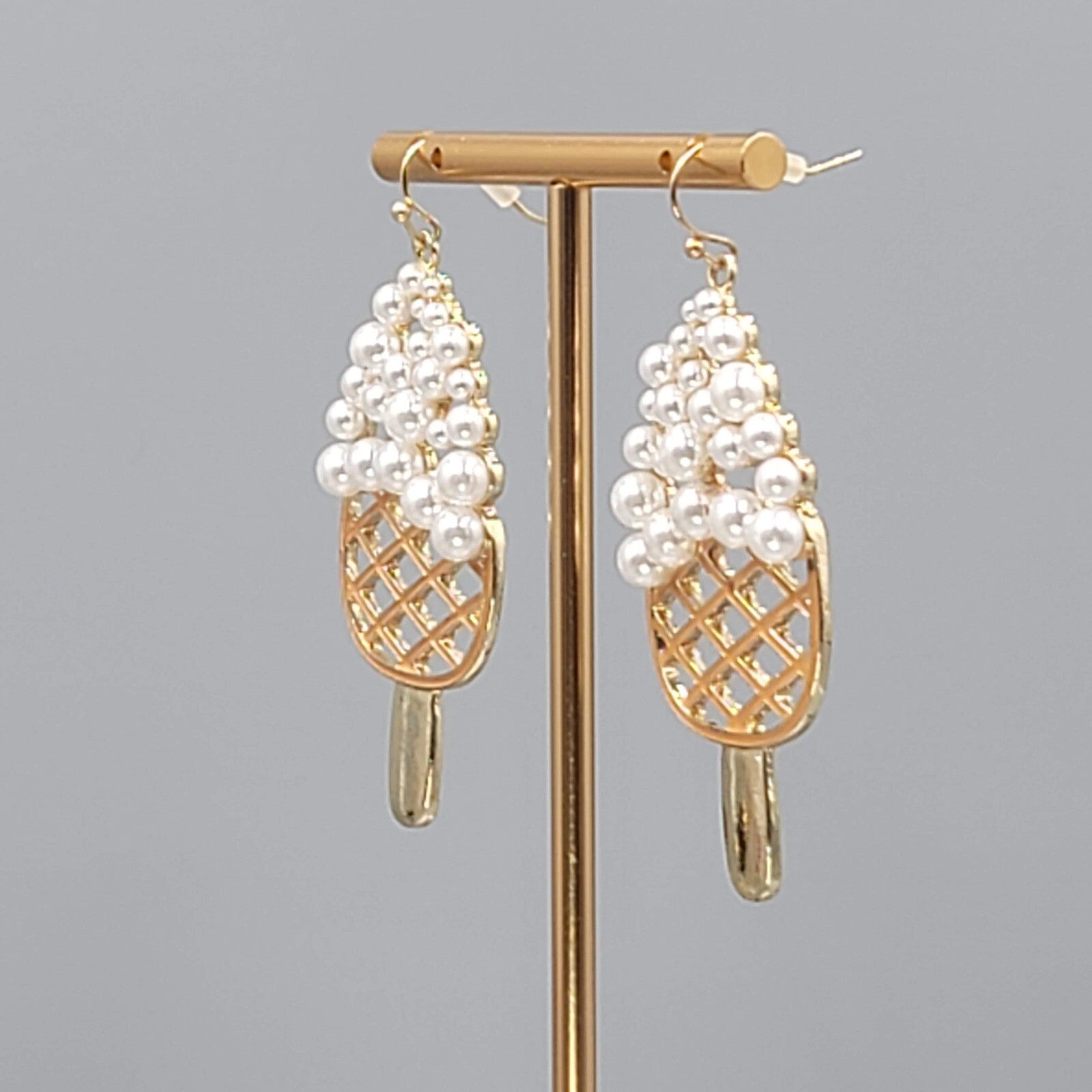 Dessert Ice Cream Bar Pierced Earrings Gold tone Dangle Faux Pearl 2.25"