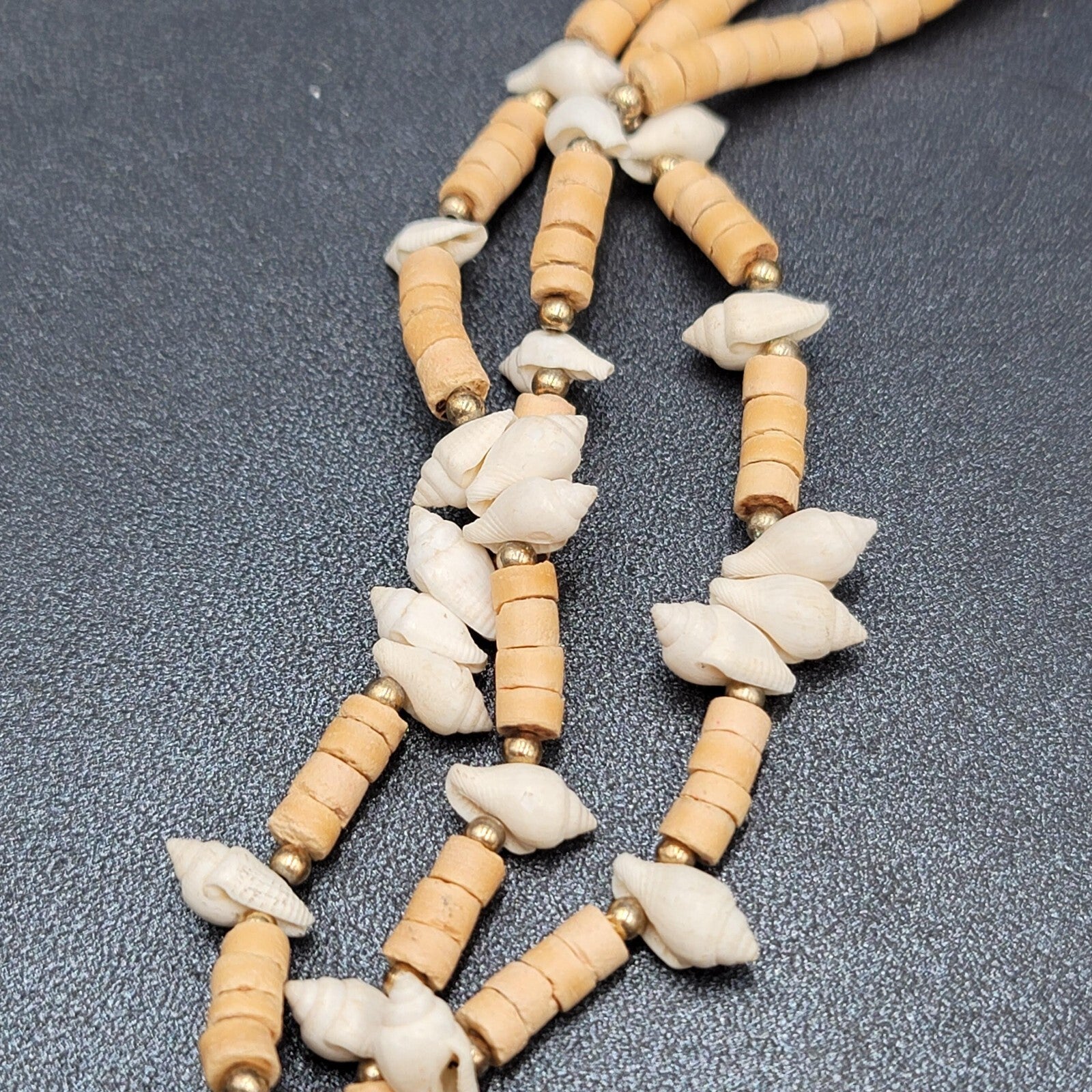 Vintage Necklace Wood Bead Shell Gold tone Boho Estate Costume Jewelry 24"