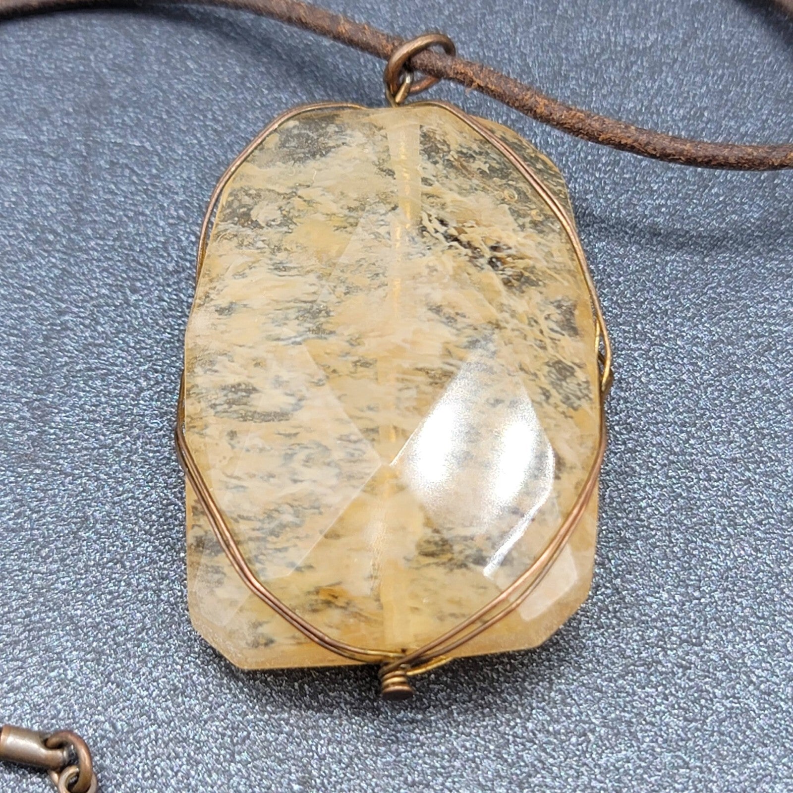 Natural Quartz Pendant Necklace Brown Leather Cord 16"-19"