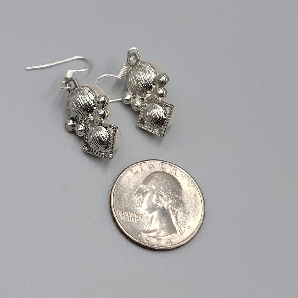 Pierced Earrings Silver tone Faux Pearl White Bead Rhinestone Dangle 7/8"