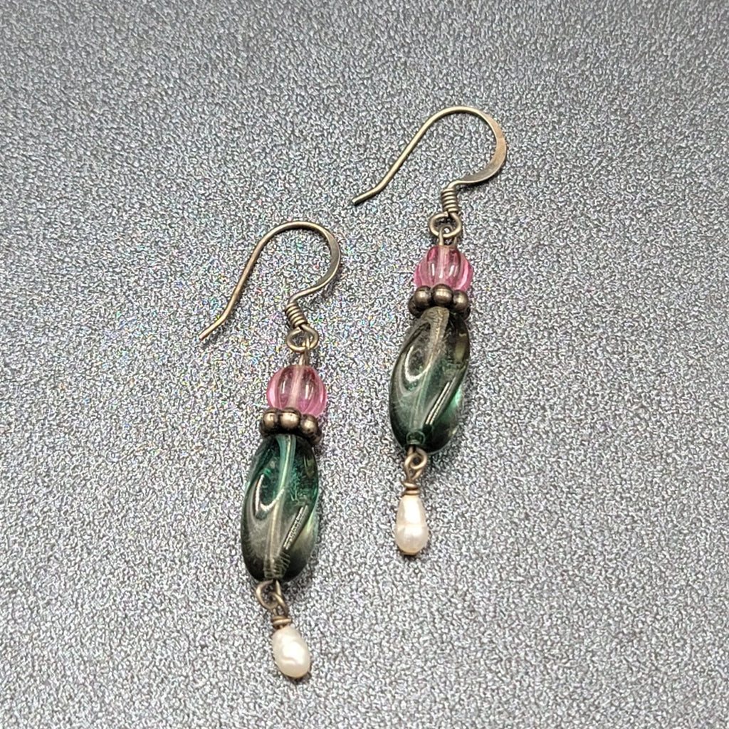 Art Glass Pearl Pierced Earrings Sterling Silver Beaded Dangle 1.25"