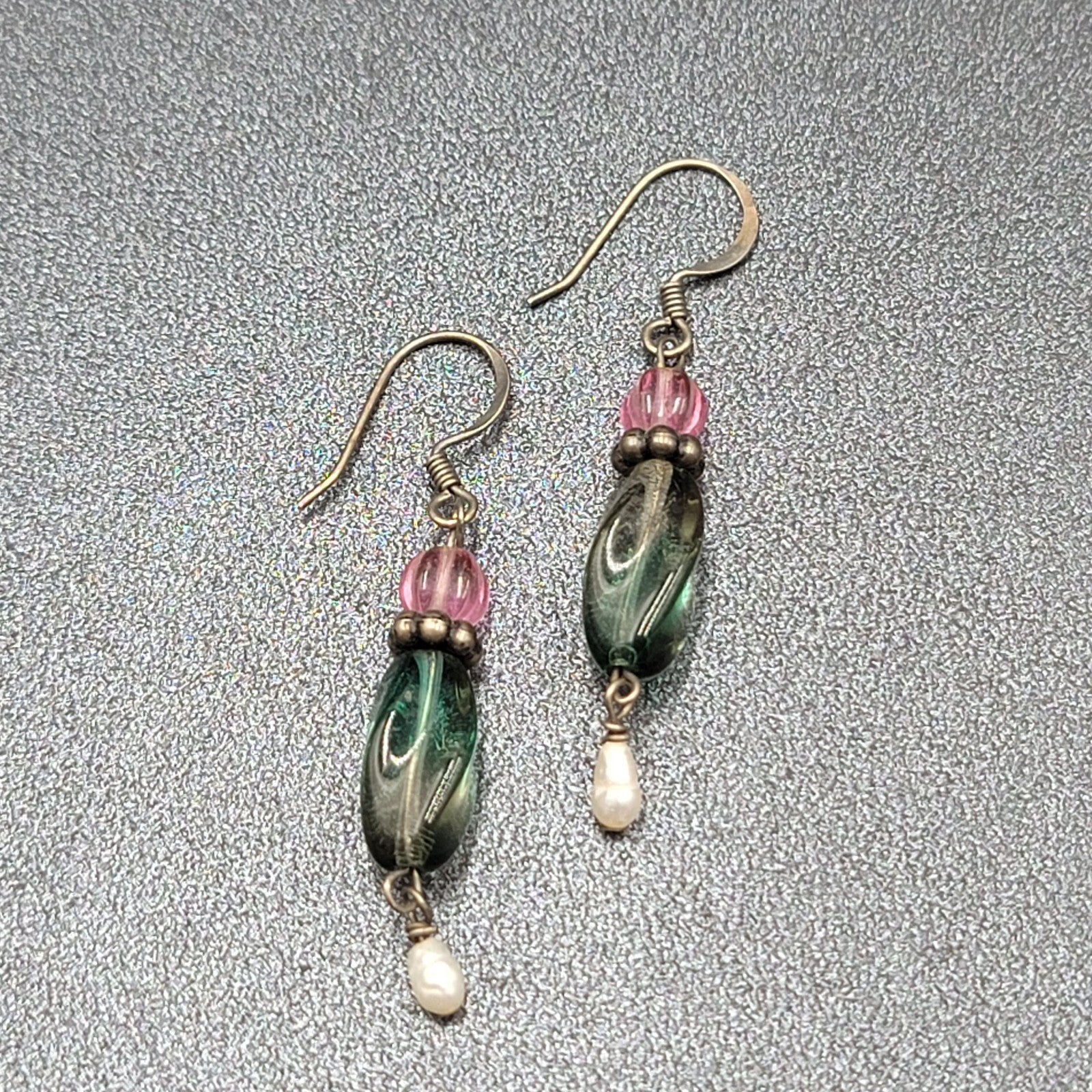 Art Glass Pearl Pierced Earrings Sterling Silver Beaded Dangle 1.25"