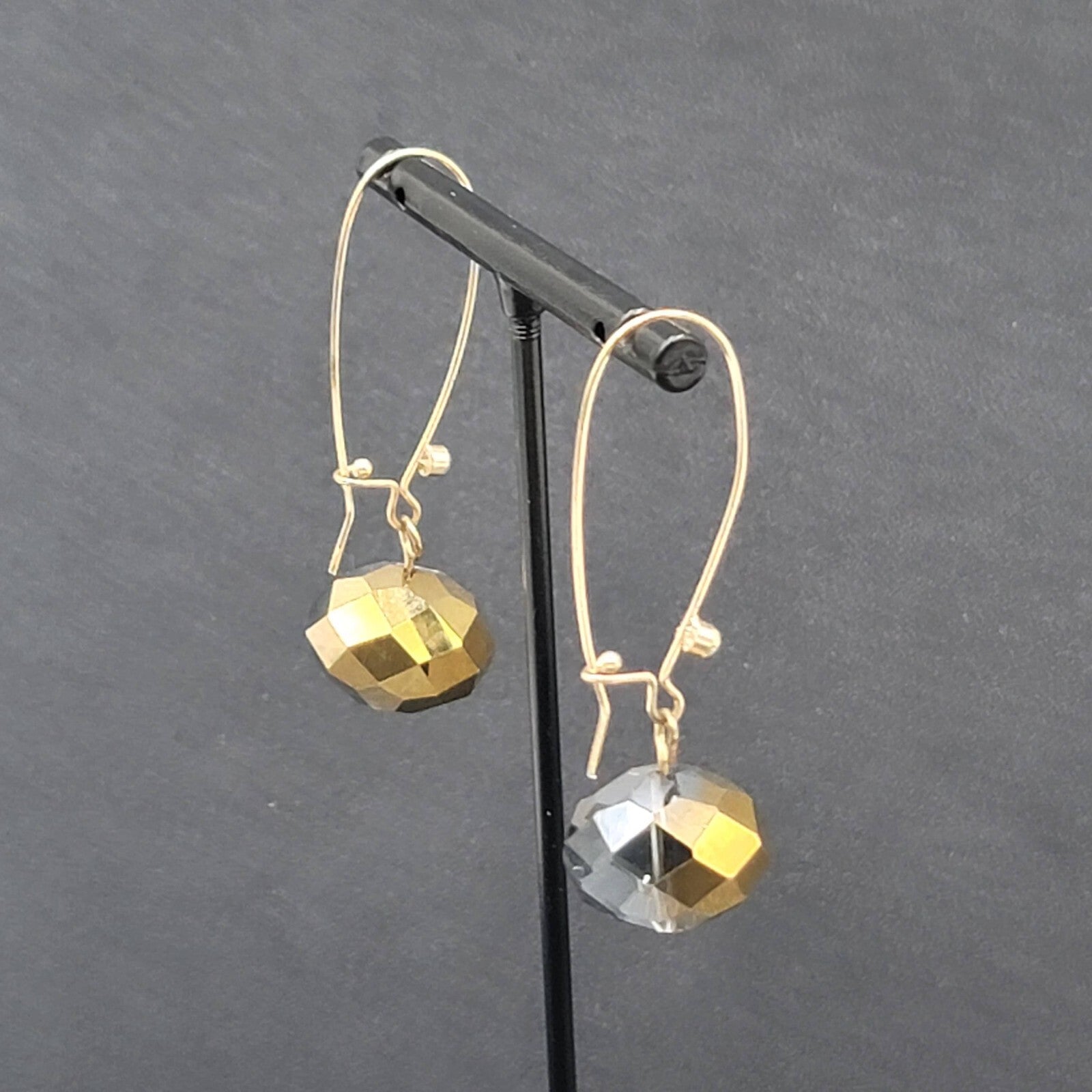 Pierced Earrings Gold tone faceted Glass Bead Smokey Gray Dangle 2"