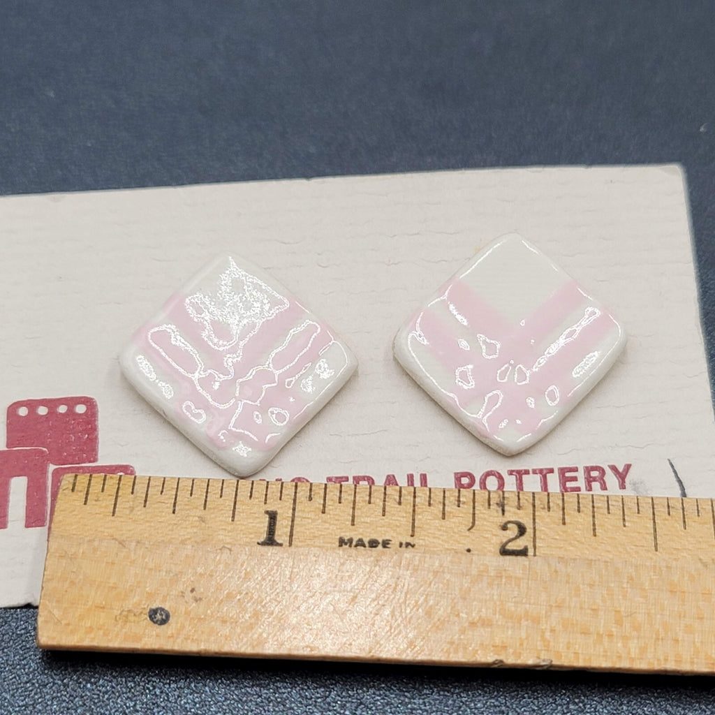 Vintage Tohono Trail Pottery Pierced Earrings Pink White Squares 1"