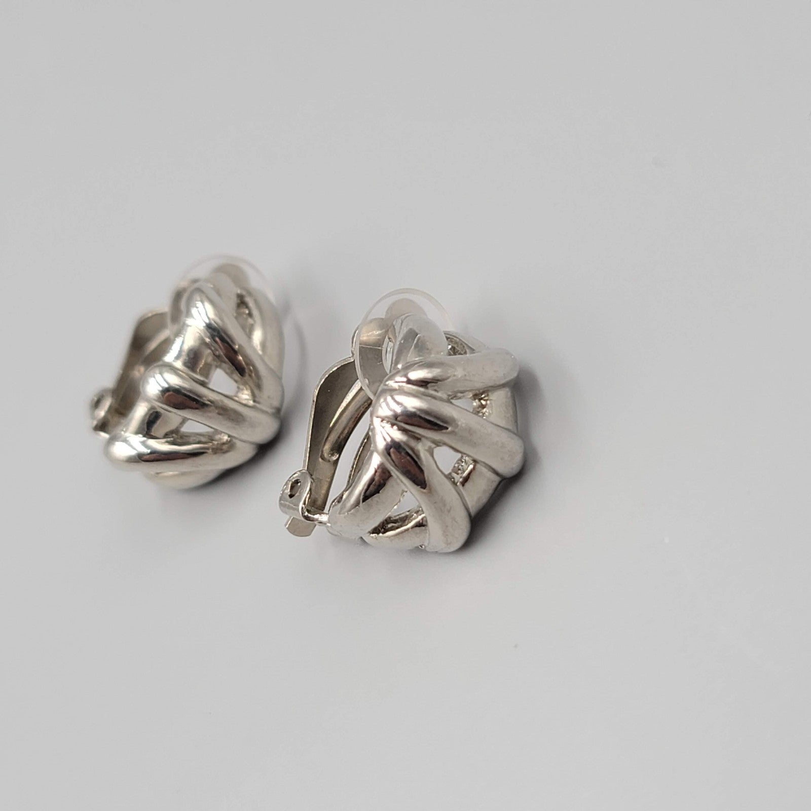 Vintage Half Hoop Clip On Earrings Silver tone Embossed Drop 3/4"