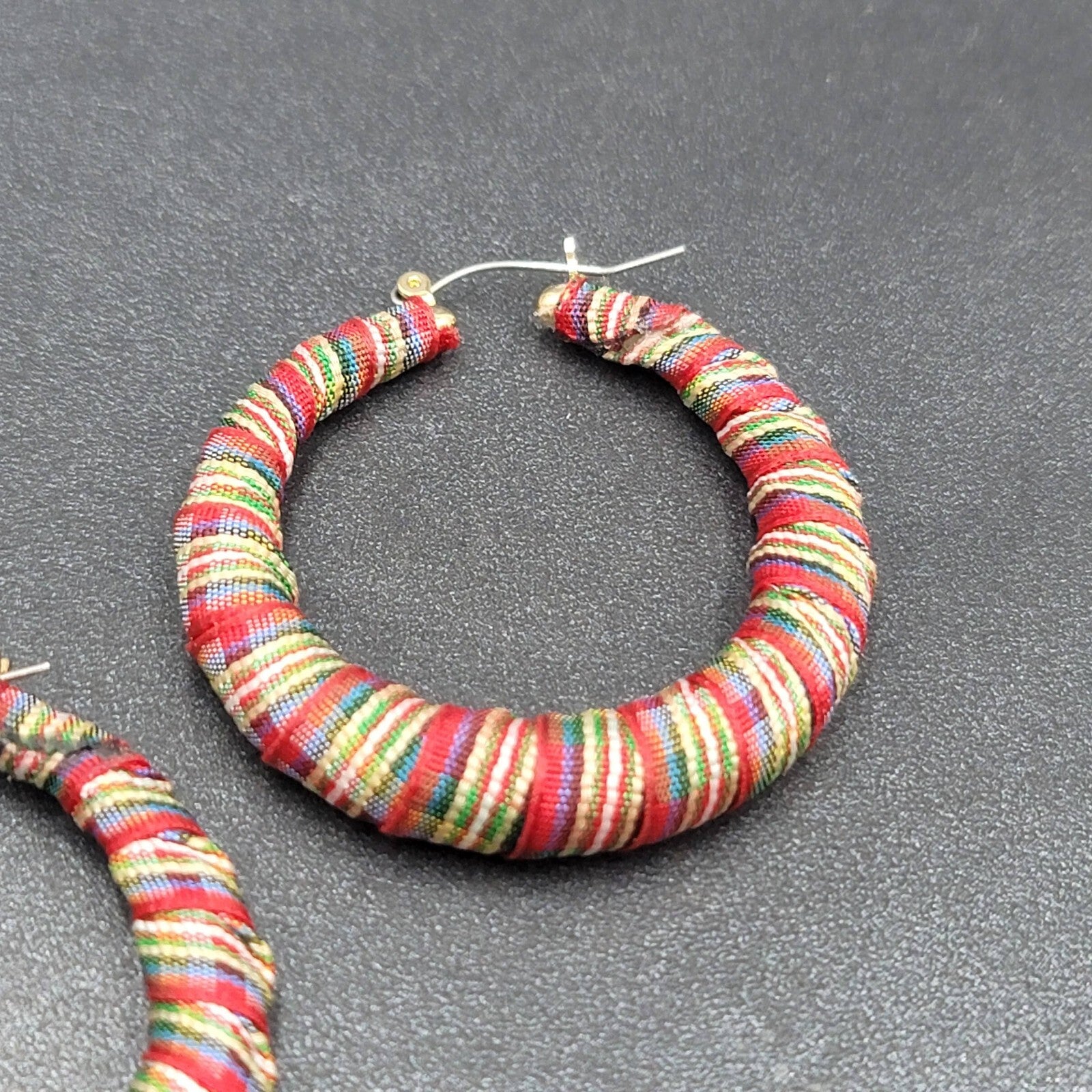 Pierced Earrings Plaid Fabric Wrapped Large Hoops  2"