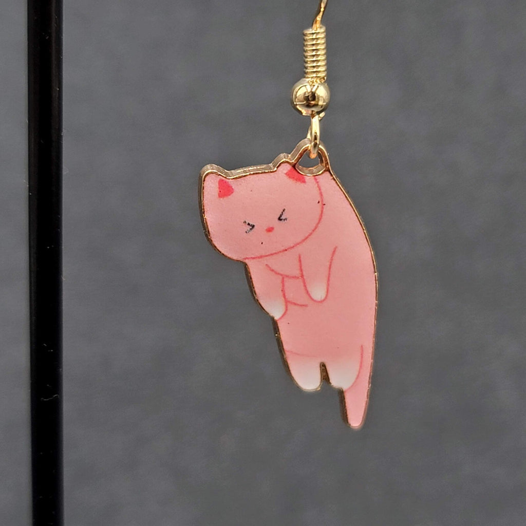 Cat Pierced Earrings Kitty Kitten Gold tone Pink Enamel Dangle 1"