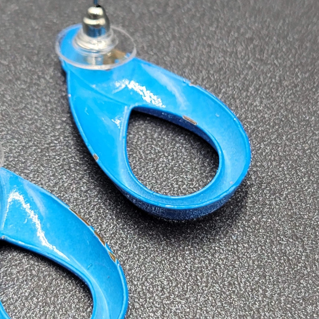 Vintage Pierced Earrings Blue Enamel over Metal Open Teardrop 1 3/8"
